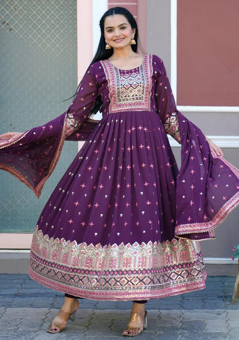 Wine Georgette Sequin Embroidered Salwar Kameez With Dupptta