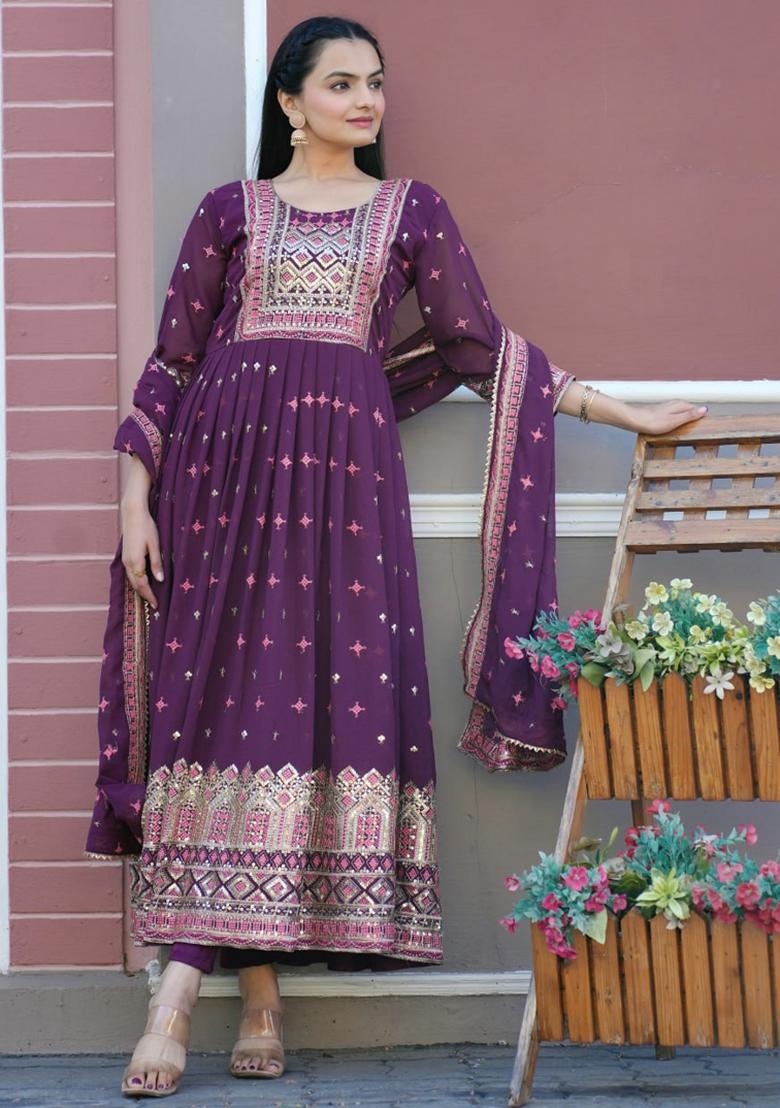 Wine Georgette Sequin Embroidered Salwar Kameez With Dupptta
