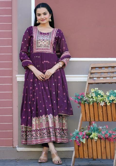 Wine Georgette Sequin Embroidered Salwar Kameez With Dupptta