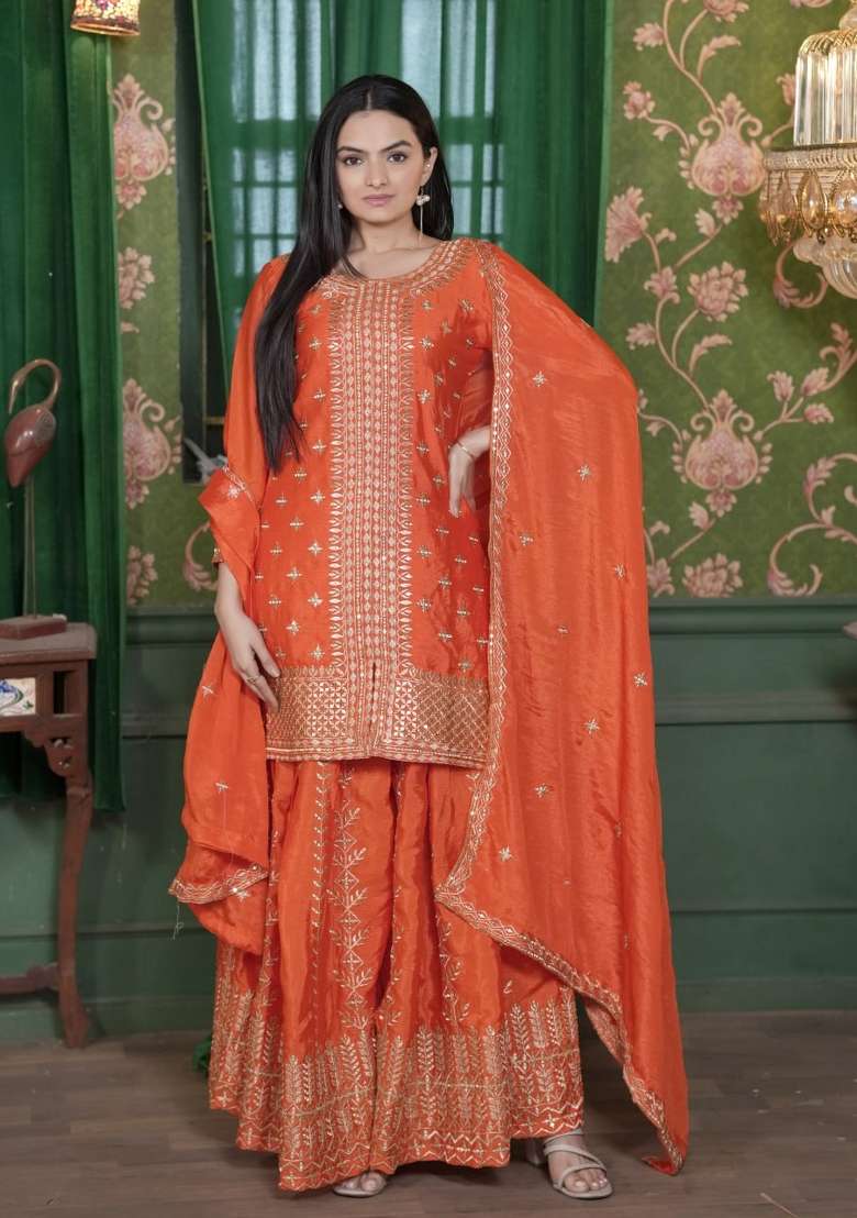 Orange Embroidered Chinon Sharara Set - Indya