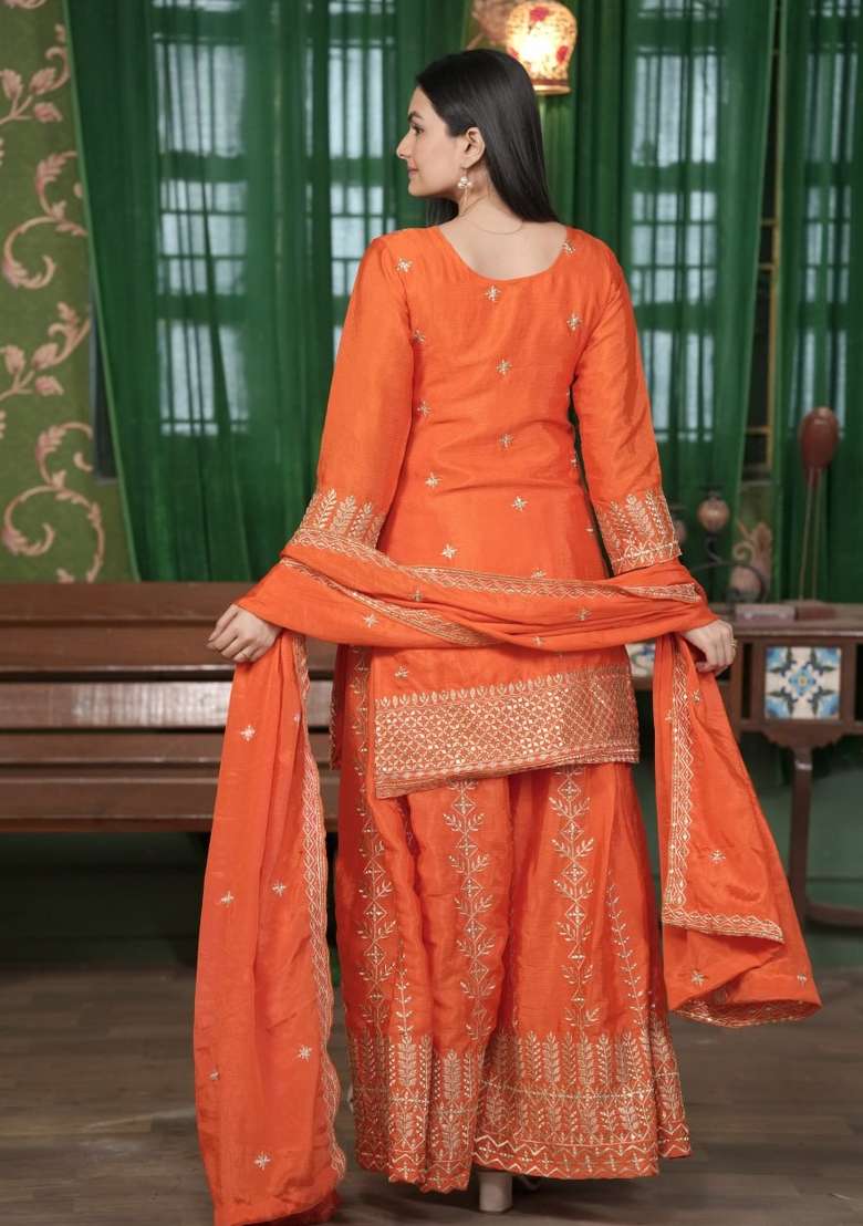 Orange Embroidered Chinon Sharara Set - Indya