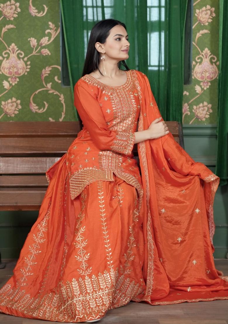 Orange Chinnon Sequin Embroidered Salwar Kameez