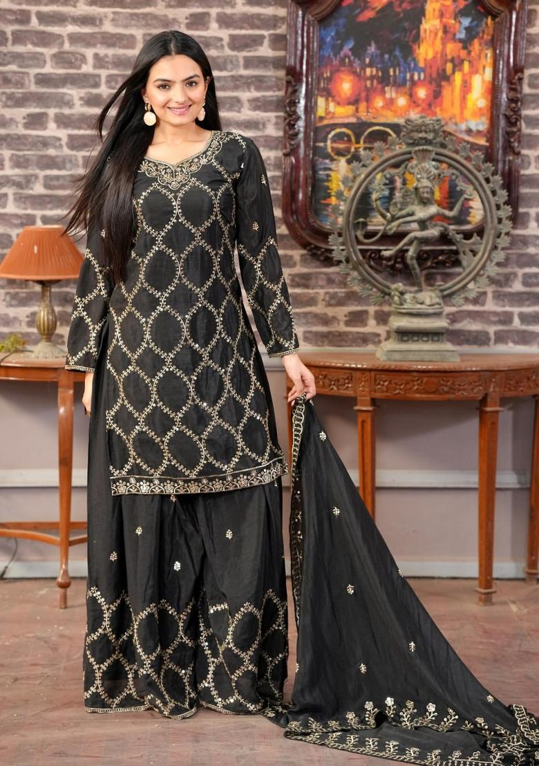 Black Chinnon Sequin Embroidered Salwar Kameez With Dupptta