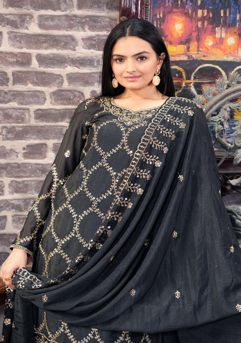 Black Chinnon Sequin Embroidered Salwar Kameez With Dupptta