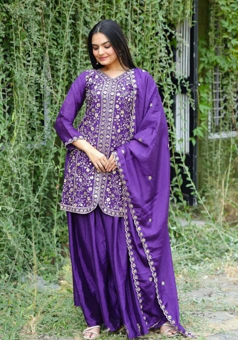 Royal Blue Embroidered Chinon Sharara Set