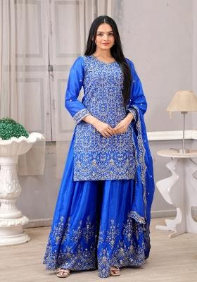 Blue Chinnon Sequin Embroidered Salwar Kameez With Dupptta