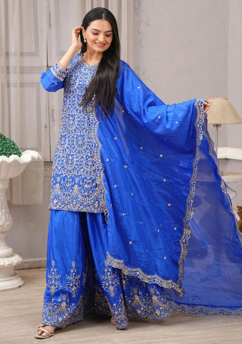Blue Chinnon Sequin Embroidered Salwar Kameez With Dupptta