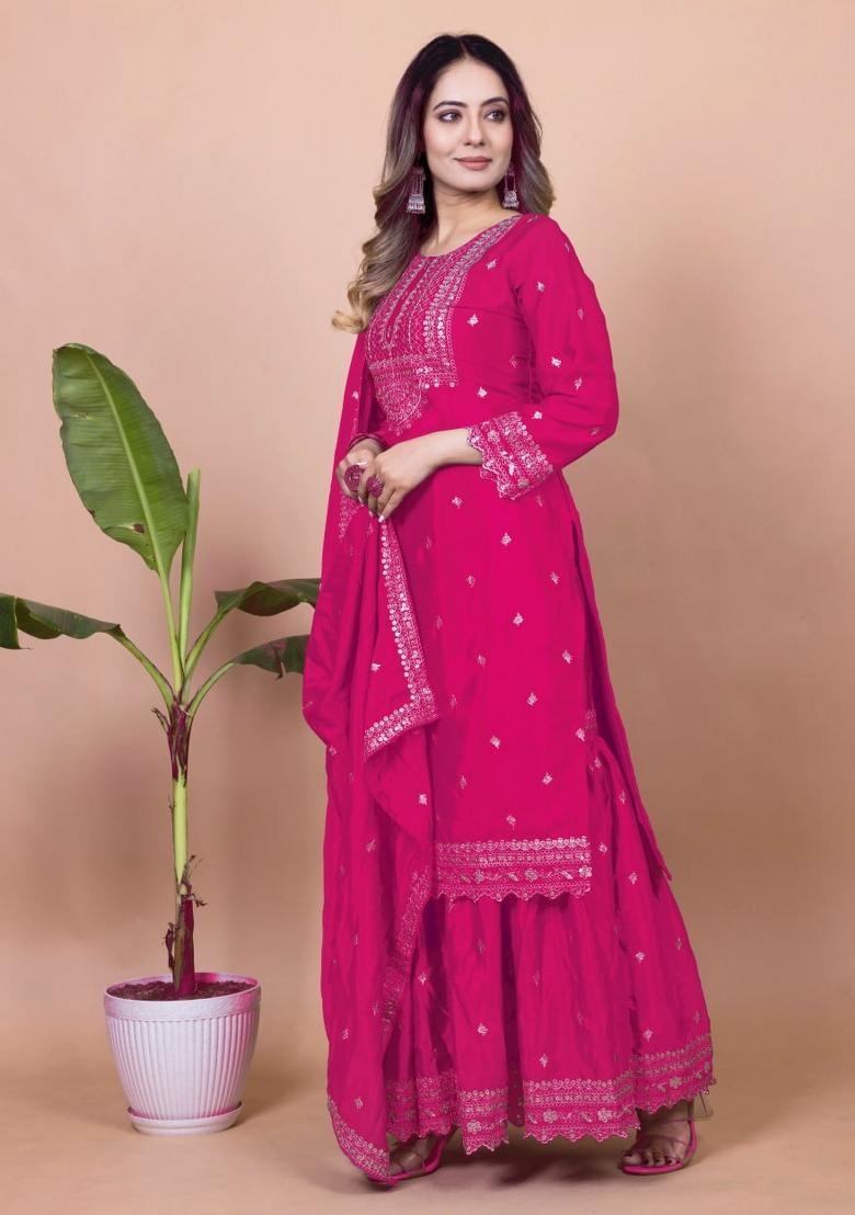 Pink Chinnon Sequin Embroidered Salwar Kameez With Dupptta