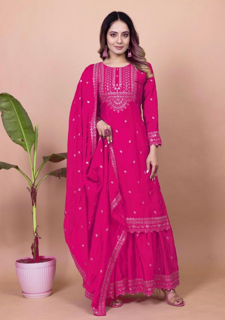 Pink Chinnon Sequin Embroidered Salwar Kameez With Dupptta