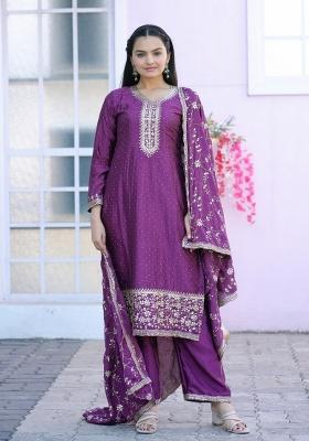 Wine Chinnon Sequin Embroidered Salwar Kameez With Dupptta
