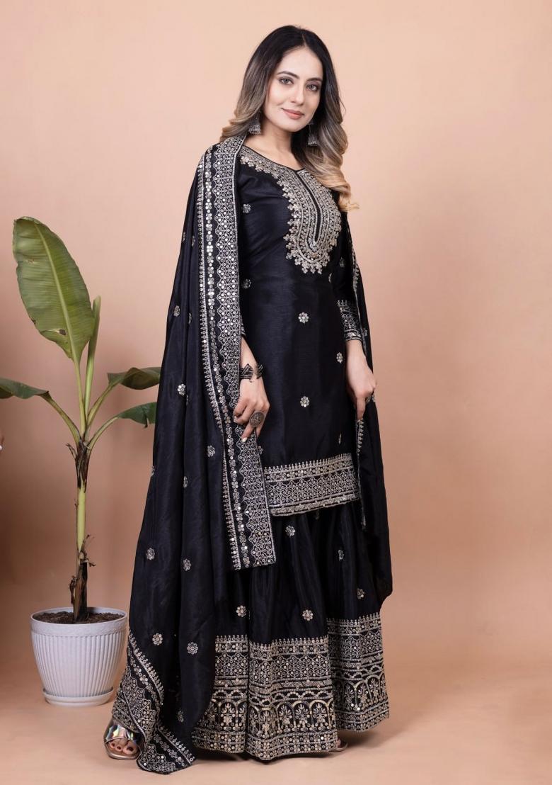 Black Chinnon Sequin Embroidered Salwar Kameez With Dupptta