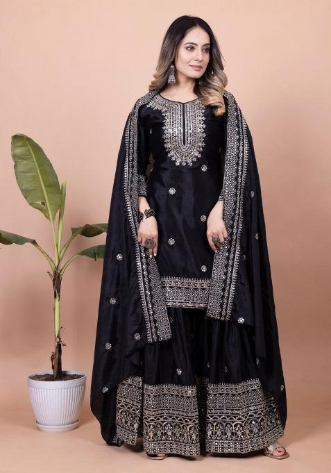 Black Chinnon Sequin Embroidered Salwar Kameez With Dupptta