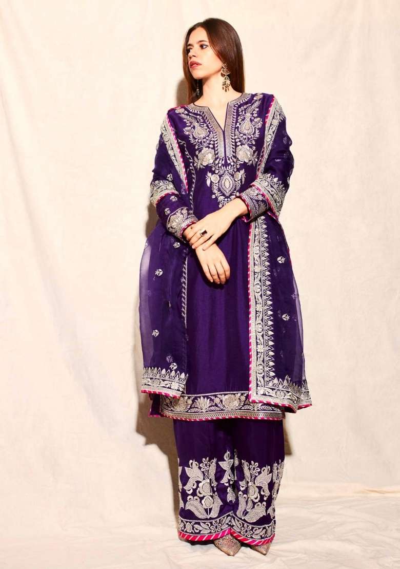 Blue Embroidered Chinon Straight Kurta Set - Indya