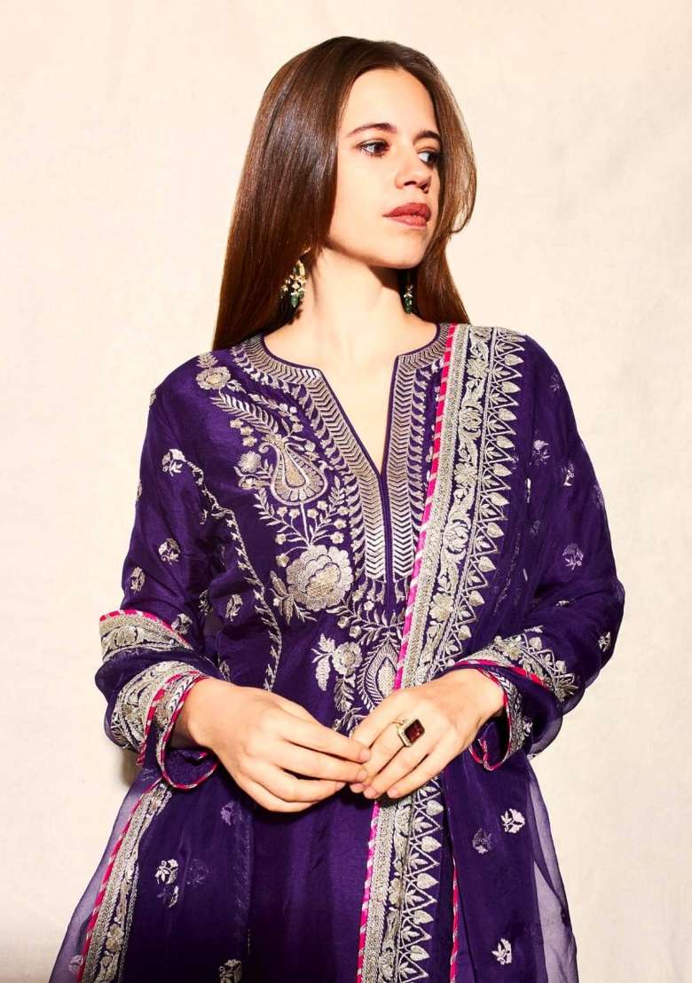 Blue Embroidered Chinon Straight Kurta Set - Indya
