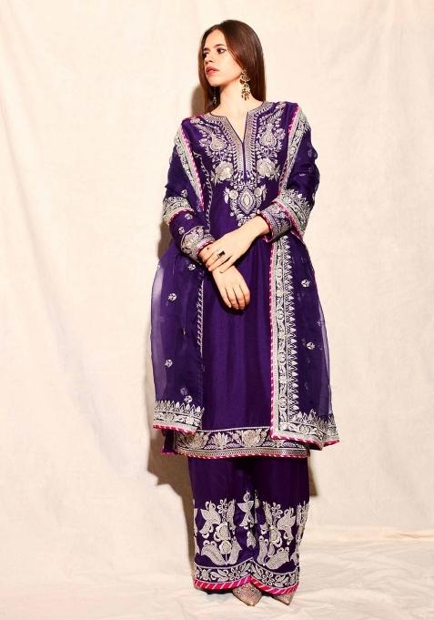 Blue Chinnon Sequin Embroidered Salwar Kameez With Dupptta