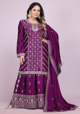Purple Chinnon Sequin Embroidered Salwar Kameez With Dupptta