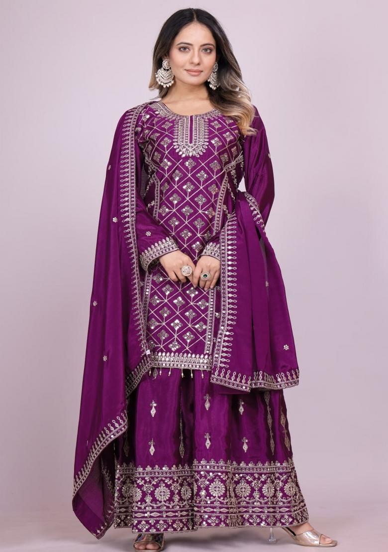 Purple Chinnon Sequin Embroidered Salwar Kameez With Dupptta