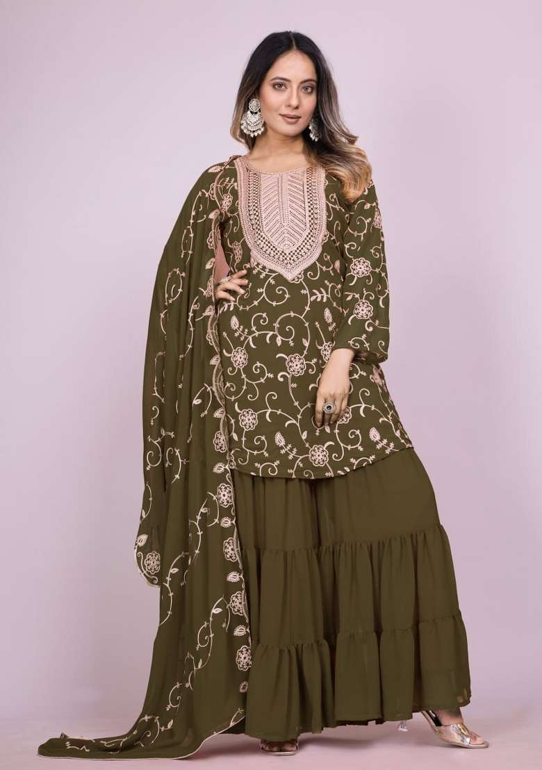 Mehendi Embroidered Georgette Sharara Set - Indya