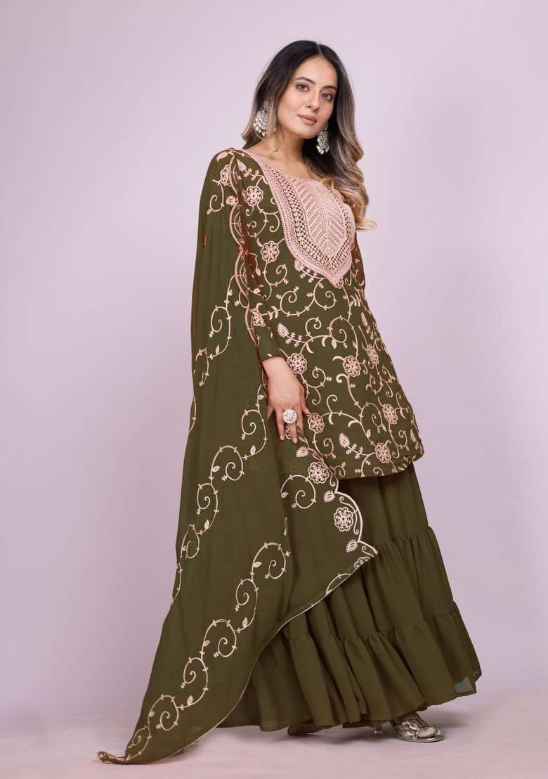 Mehendi Embroidered Georgette Sharara Set - Indya