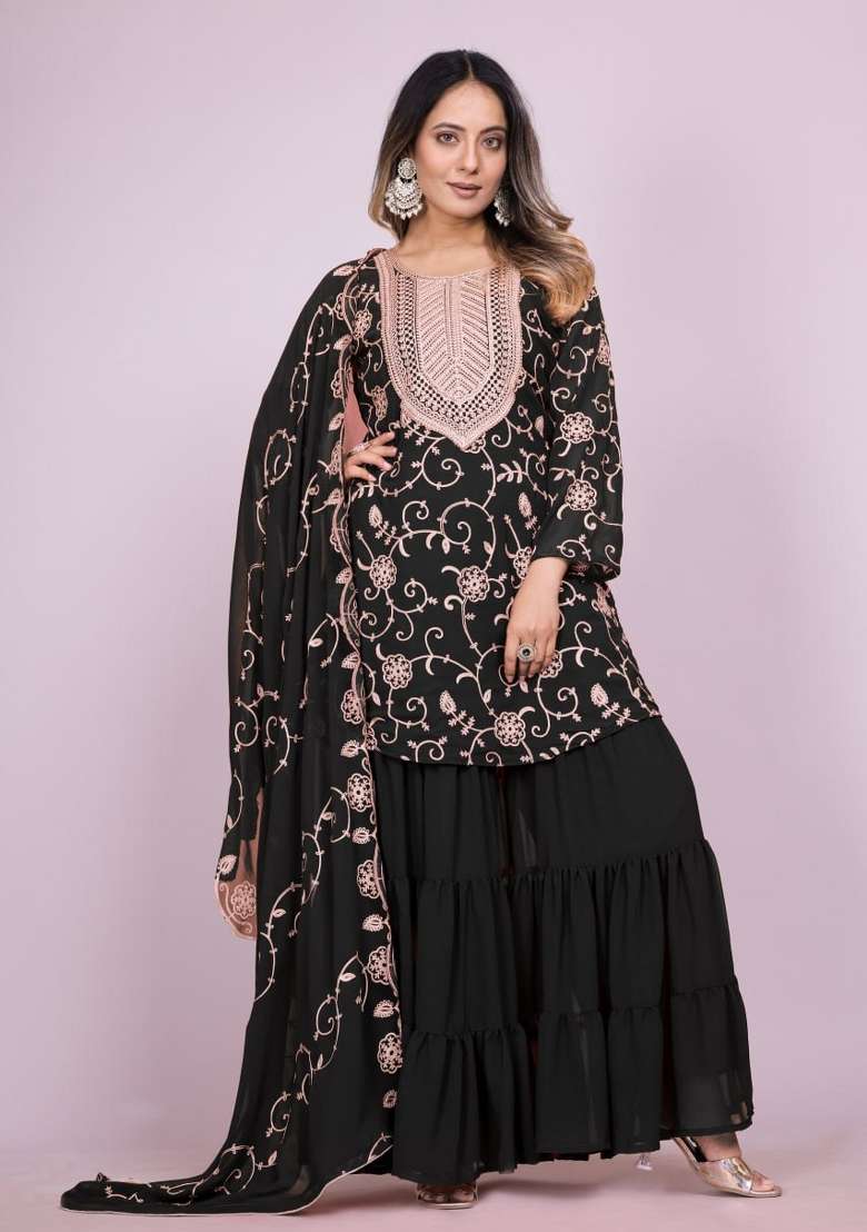 Black Embroidered Georgette Sharara Set - Indya