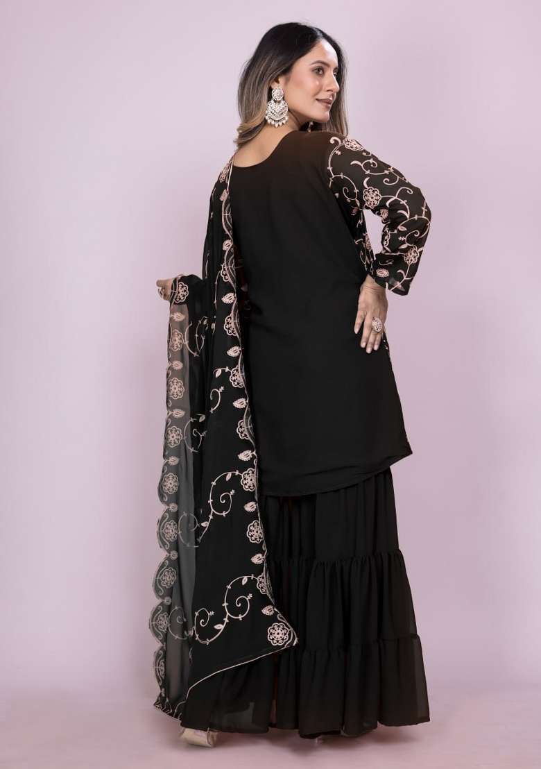Black Embroidered Georgette Sharara Set - Indya