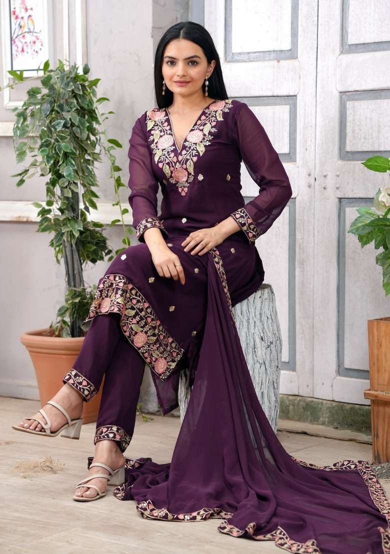 Wine Embroidered Georgette Pakistani Suit Set - Indya