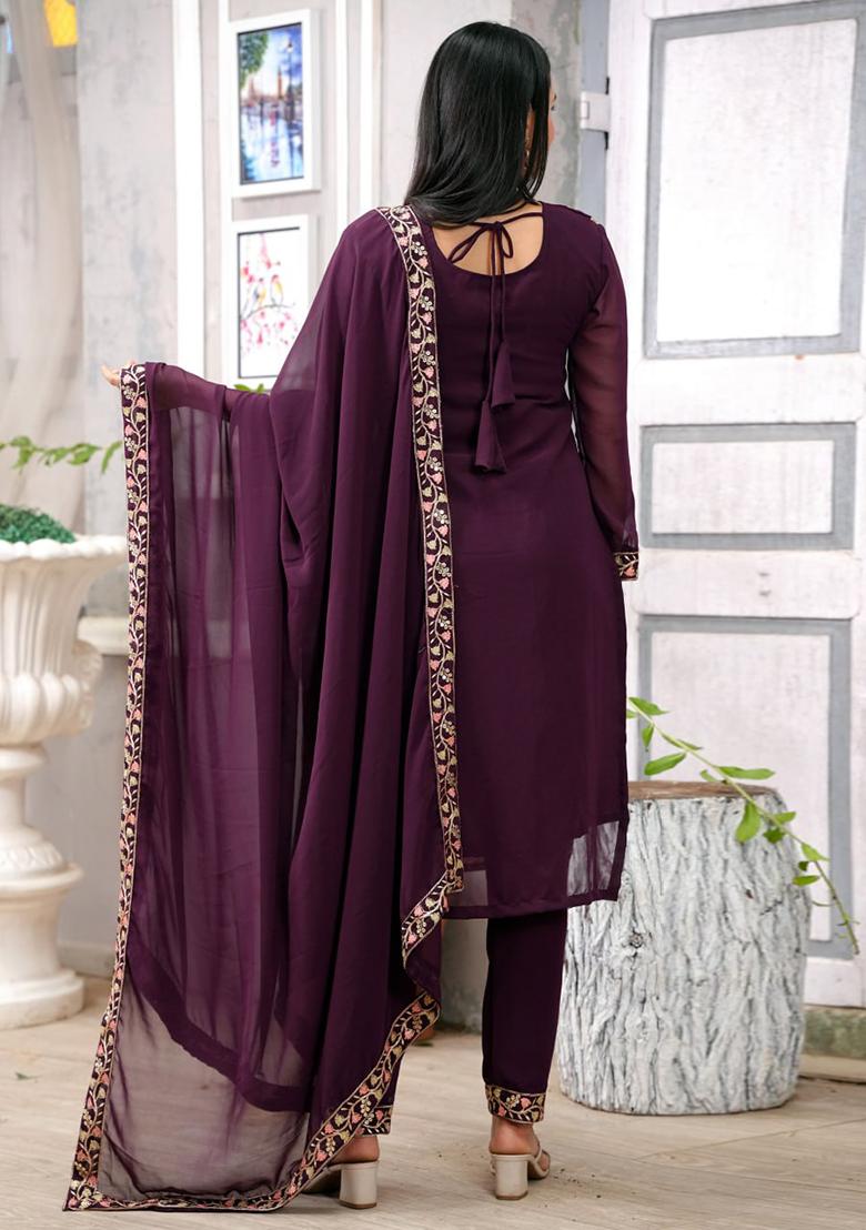 Wine Georgette Sequin Embroidered Salwar Kameez With Dupptta