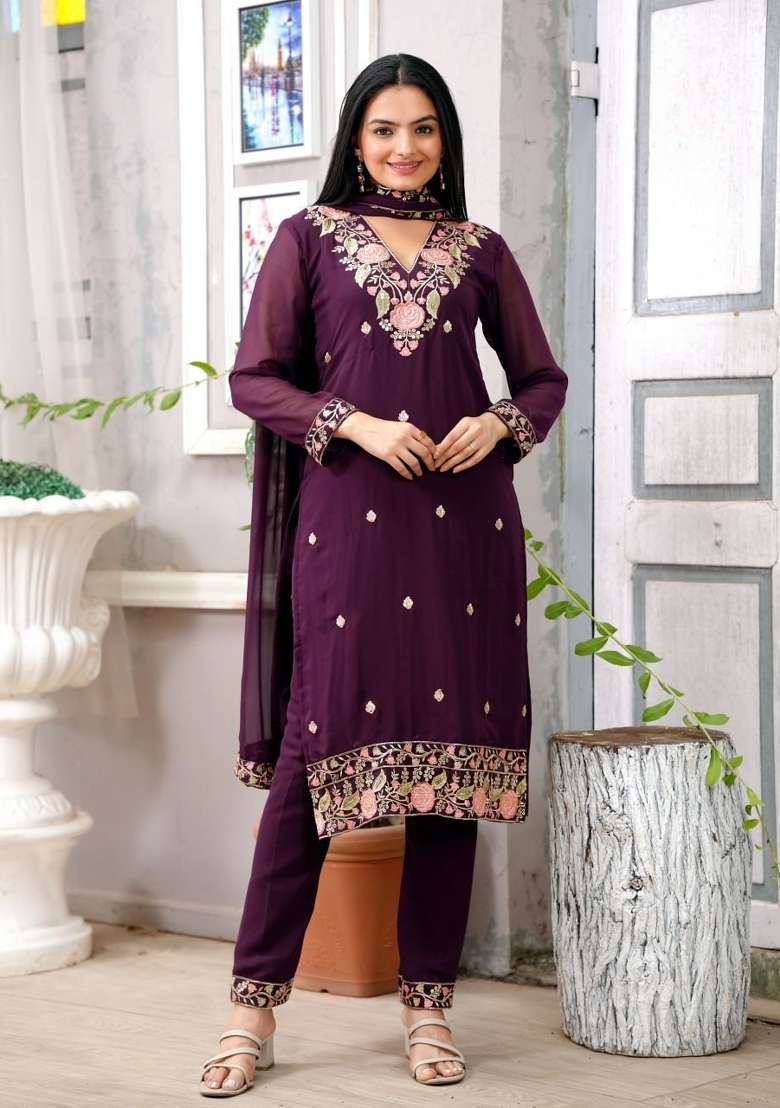 Wine Embroidered Georgette Pakistani Suit Set - Indya