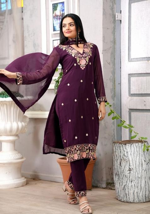 Wine Georgette Sequin Embroidered Salwar Kameez With Dupptta