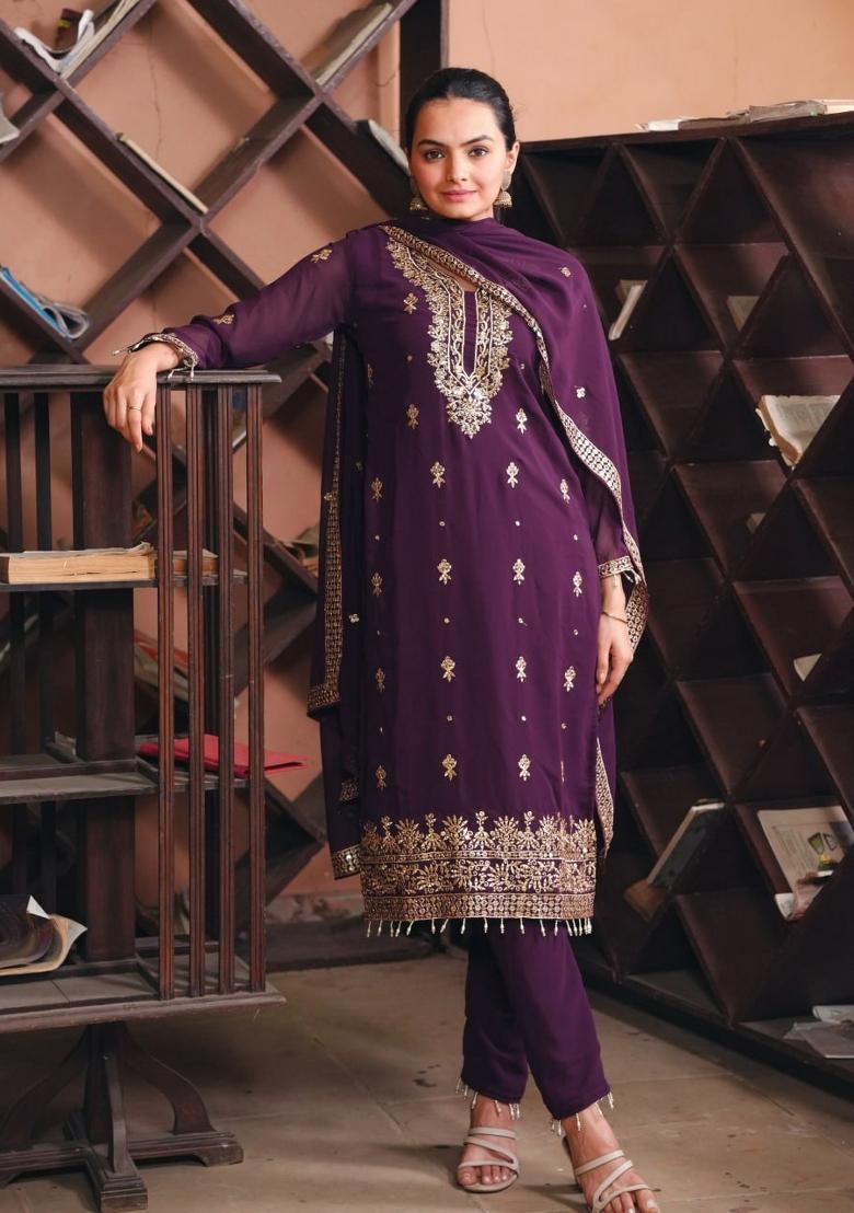 Wine Georgette Sequin Embroidered Salwar Kameez With Dupptta