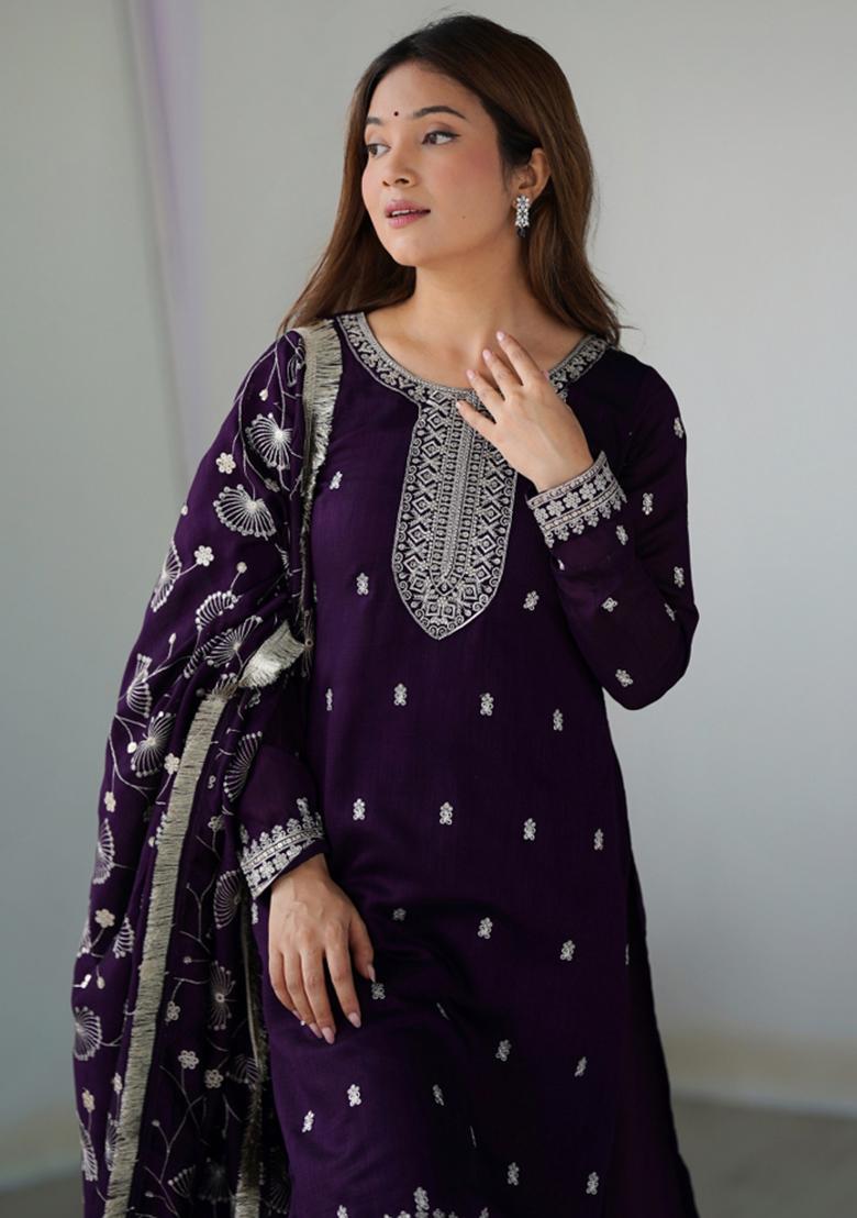 Purple Silk Sequin Embroidered Salwar Kameez With Dupptta