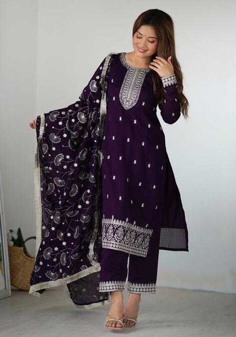 Purple Silk Sequin Embroidered Salwar Kameez With Dupptta