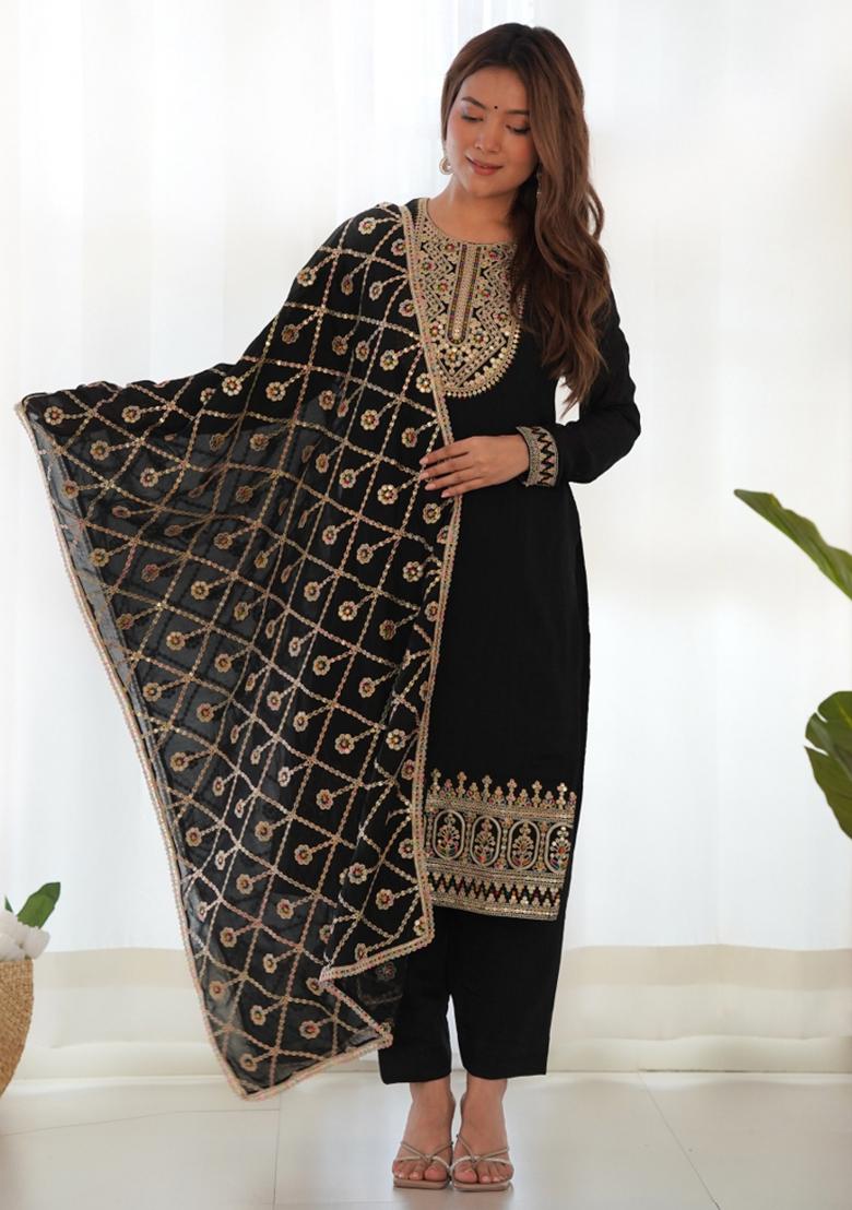 Black Silk Sequin Embroidered Salwar Kameez With Dupptta