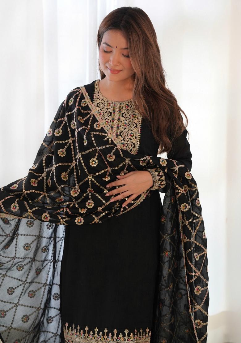 Black Silk Sequin Embroidered Salwar Kameez With Dupptta