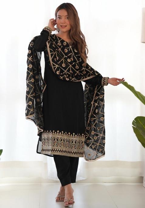 Black Silk Sequin Embroidered Salwar Kameez With Dupptta