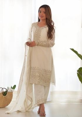 White Silk Sequin Embroidered Salwar Kameez With Dupptta