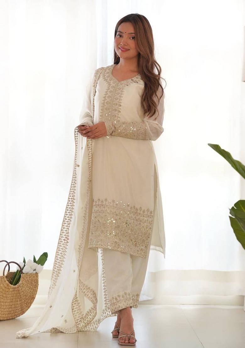 White Silk Sequin Embroidered Salwar Kameez With Dupptta