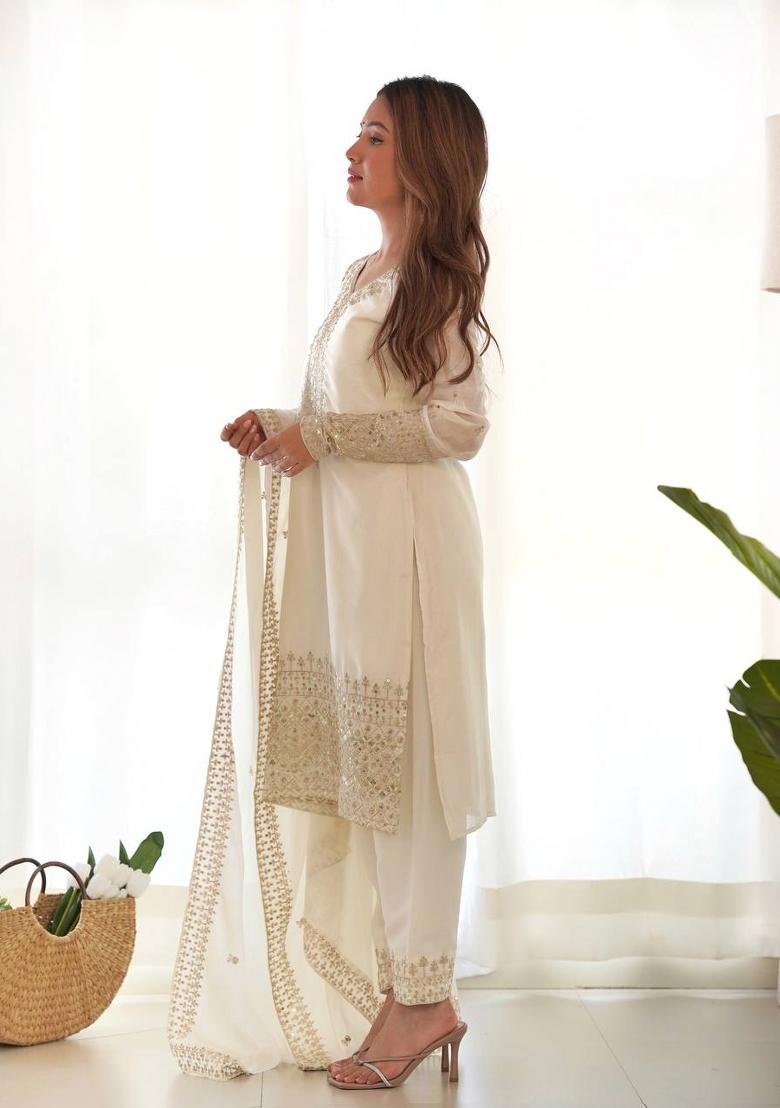 White Silk Sequin Embroidered Salwar Kameez With Dupptta