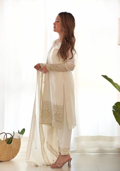 White Silk Sequin Embroidered Salwar Kameez With Dupptta