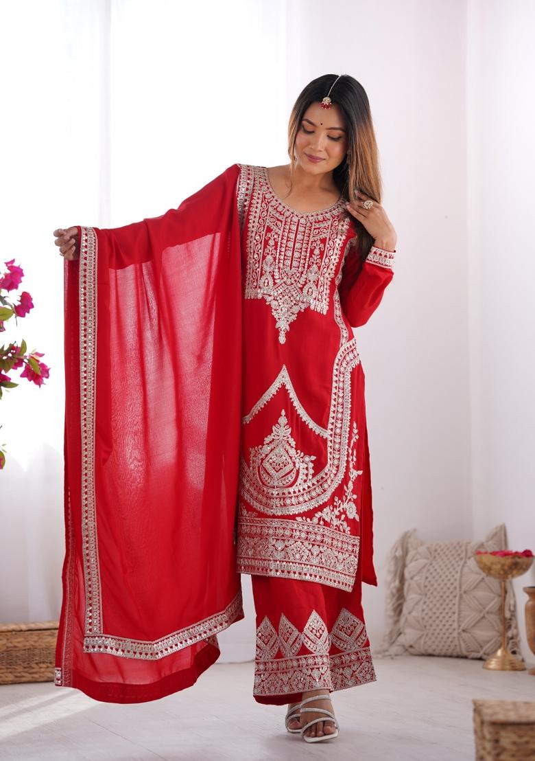 Red Silk Sequin Embroidered Salwar Kameez