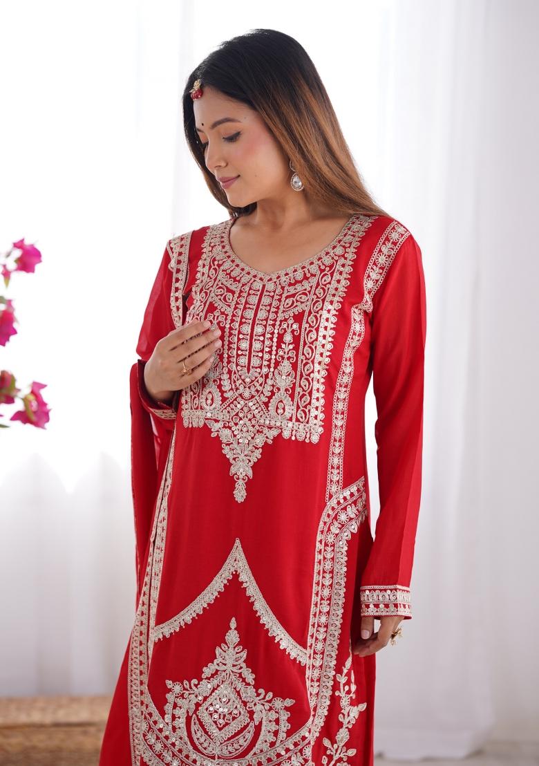 Red Silk Sequin Embroidered Salwar Kameez