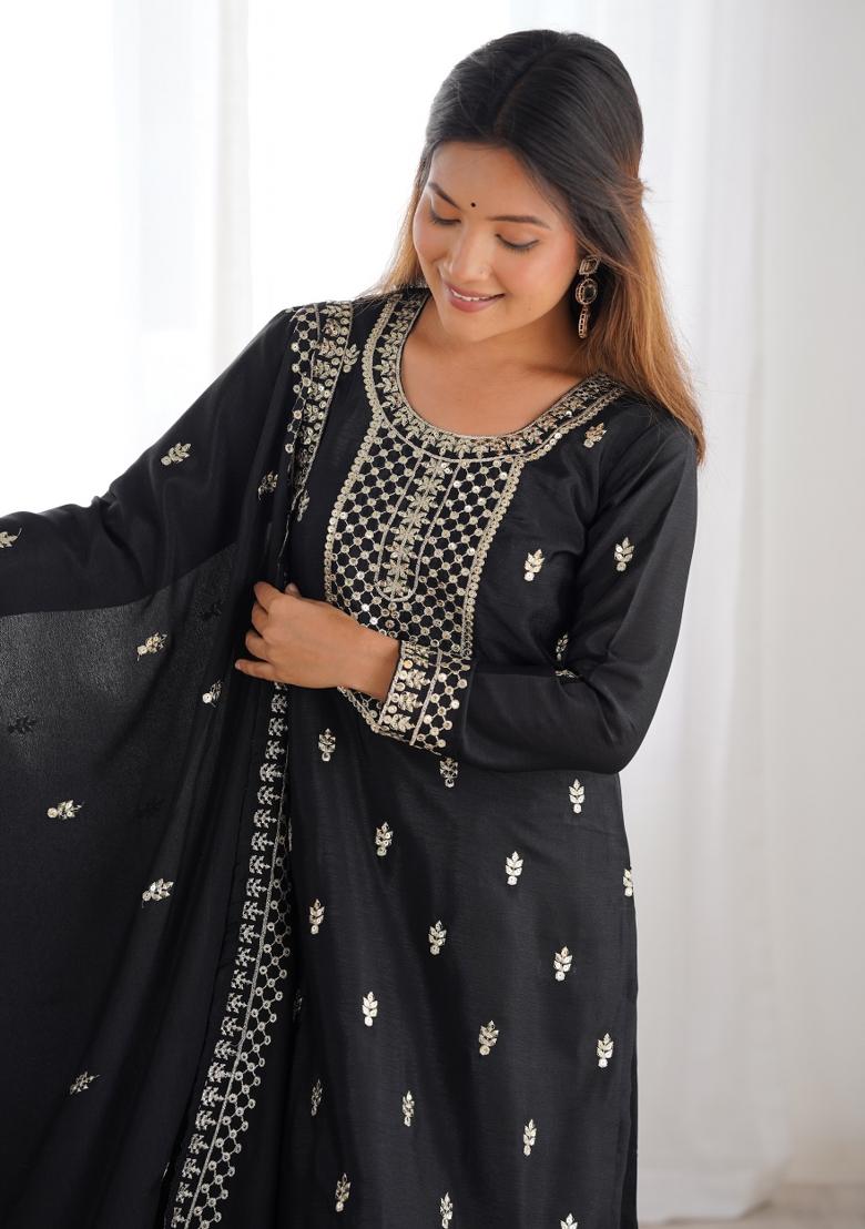 Black Silk Sequin Embroidered Salwar Kameez With Dupptta