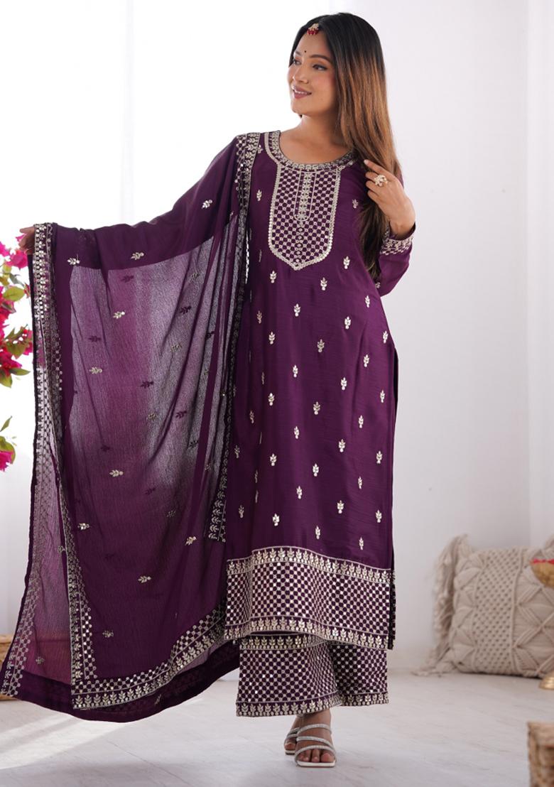 Wine Silk Sequin Embroidered Salwar Kameez With Dupptta