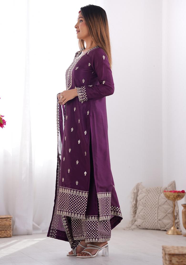 Wine Silk Sequin Embroidered Salwar Kameez With Dupptta