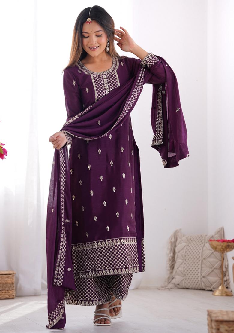 Wine Silk Sequin Embroidered Salwar Kameez With Dupptta