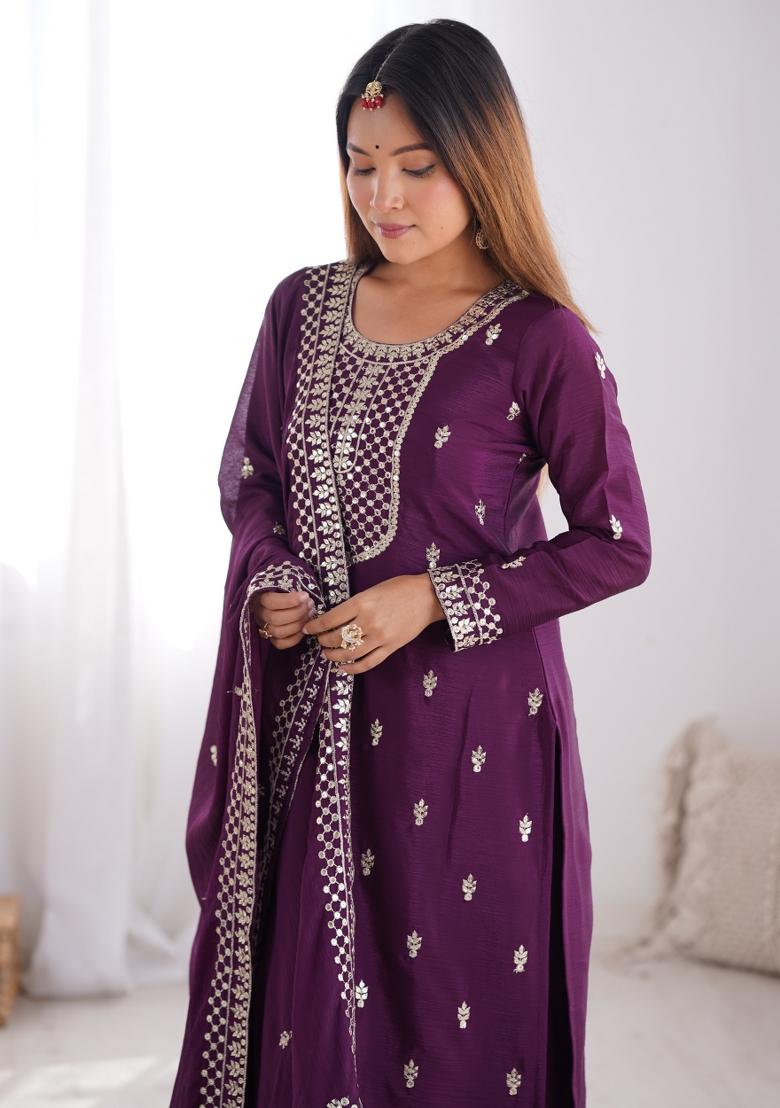 Wine Silk Sequin Embroidered Salwar Kameez With Dupptta