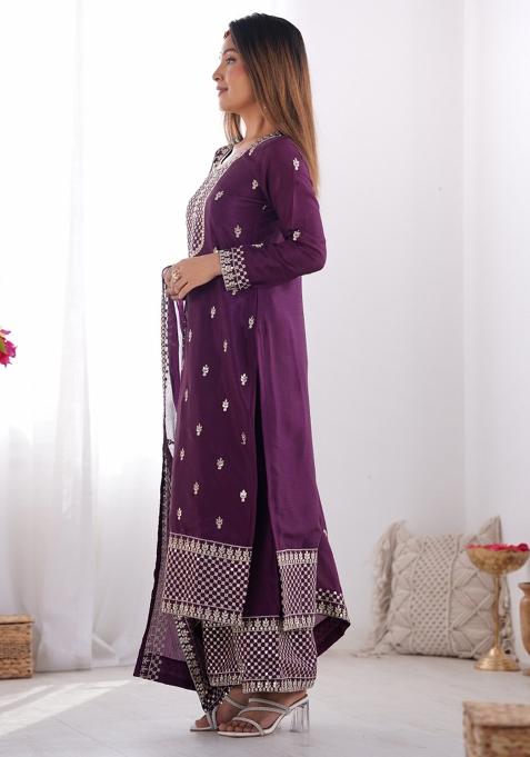 Wine Silk Sequin Embroidered Salwar Kameez With Dupptta