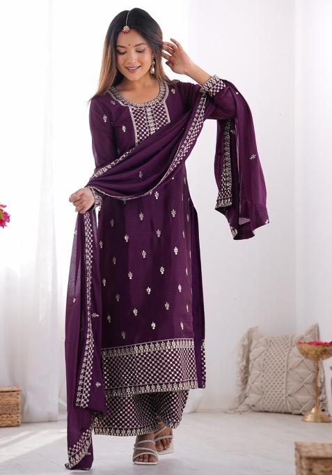 Wine Silk Sequin Embroidered Salwar Kameez With Dupptta