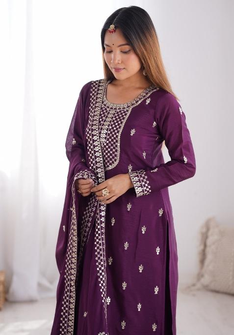 Wine Silk Sequin Embroidered Salwar Kameez With Dupptta