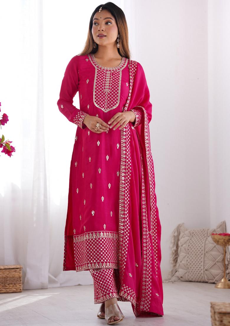 Pink Silk Sequin Embroidered Salwar Kameez With Dupptta